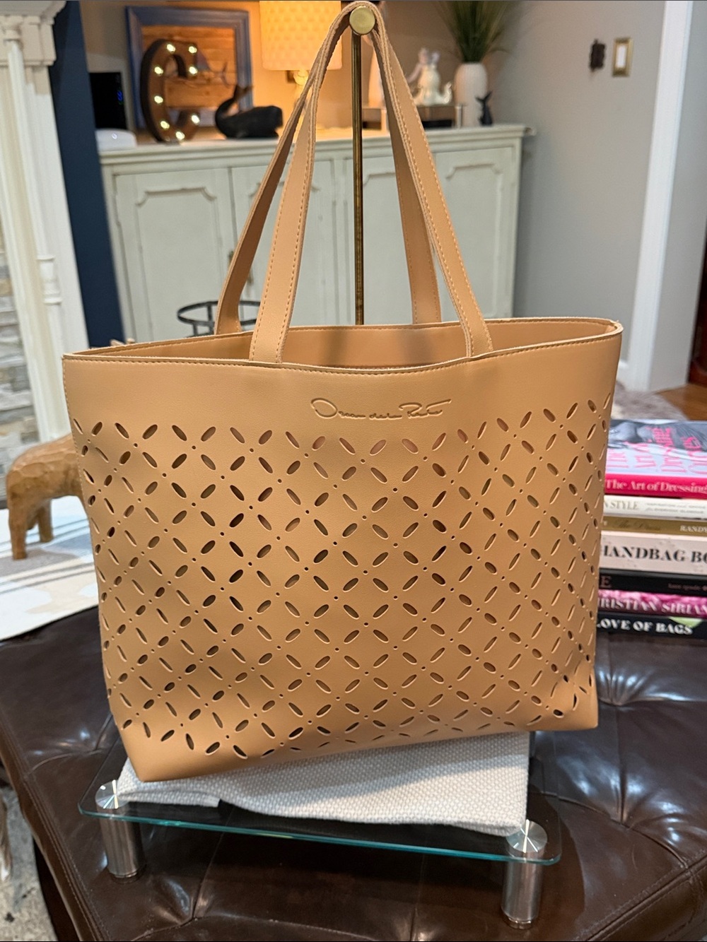 OSCAR DE LA RENTA Laser-Cut Tote Bag, Tan NWOT